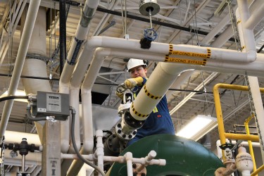 Jenna Hnetka and Graham Ruzesky, second-year HOPE students, complete a variety of tasks as student operators during their weekend shifts at Lakeland's Energy Centre.