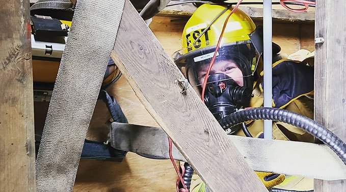 Presly in fire gear