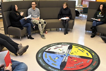 Dr. Alice Wainwright-Stewart talks with members of the Indigenous Student Committee in the Indigenous Student Lounge on the Lloydminster campus.