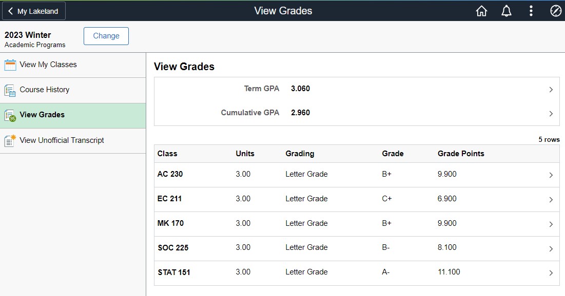 Grade record screen