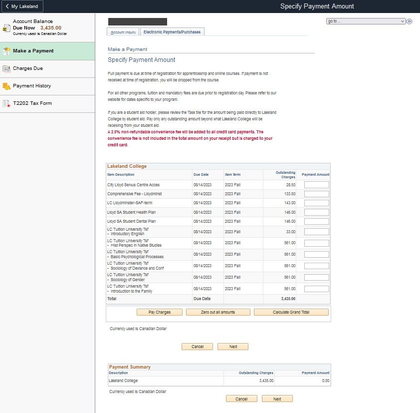 Make payment screen