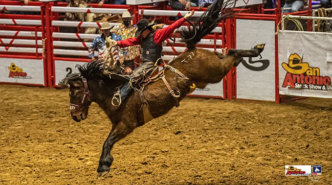 Kolby Wanchuk competes on a bronc during the Wranglers National Finals Rodeo.