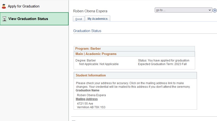 view graduation status screenshot